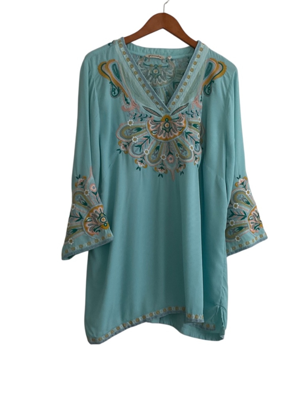 Soft Surroundings River Island Tunic 2 XL Aqua Blue Embroidered Boho Resortwear - Picture 2 of 12